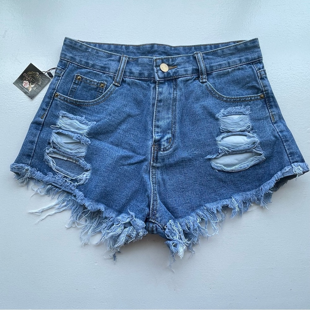 October Love frayed & distressed blue jean shorts